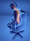 Sitting in chair female silhouette with back pain, digital illustration. — Stock Photo