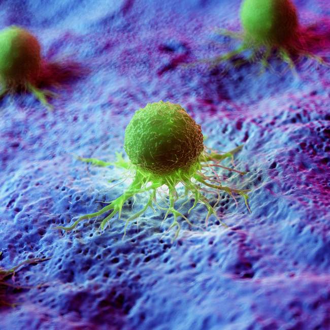 Abstract green colored cancer cells on tissue, digital illustration. — Stock Photo