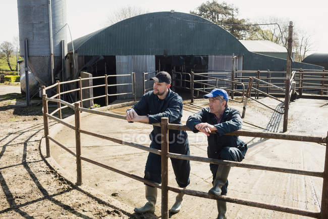 High angle view of coworkers leaning on fence by barn — Stock Photo