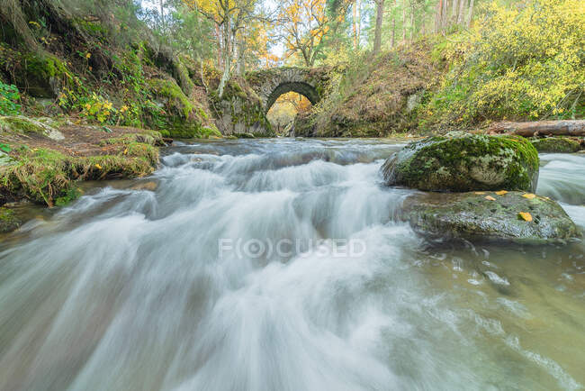 Pittoresca veduta di cascata con fluido d'acqua schiumoso tra massi con muschio e alberi dorati in autunno con un ponte di pietra sullo sfondo — Foto stock