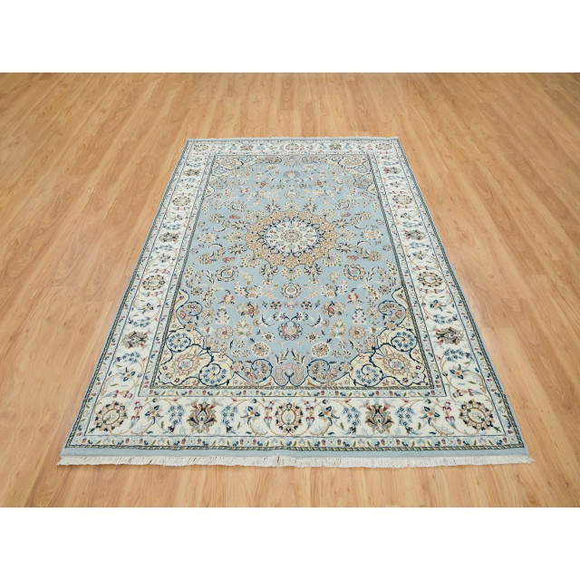 Light Blue, Extra Soft Wool Hand Knotted, Nain Design 250 KPSI Rug, 5 ...