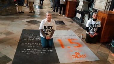 ‘1.5 Is Dead!’: ‘Just Stop Oil’ Activists Deface Charles Darwin’s Grave With Orange Spray Paint Inside Westminster Abbey in London (Watch Video)