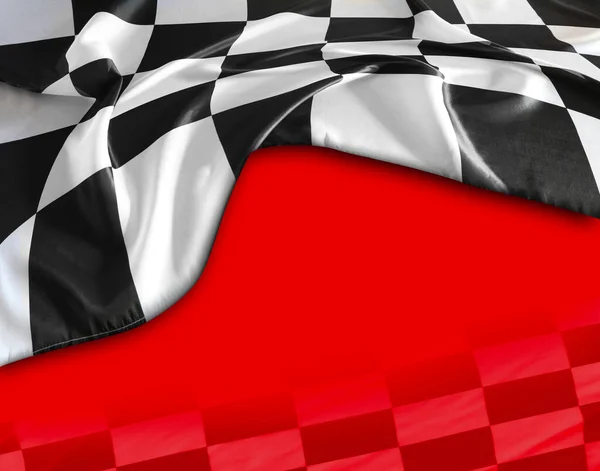 Checkered black and white flag on red background