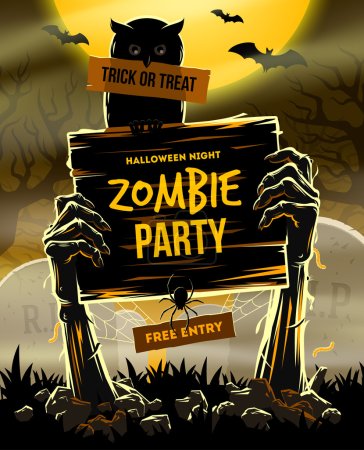 Illustration for Halloween vector illustration - Dead Man's arms from the ground with invitation to zombie party - Royalty Free Image