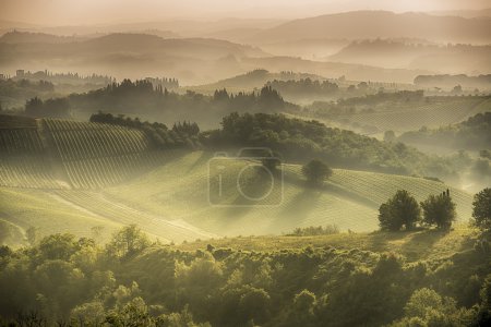 Foto de Un brautiful amanecer brumoso sobre las colinas toscanas alrededor de San Gimignano - Imagen libre de derechos