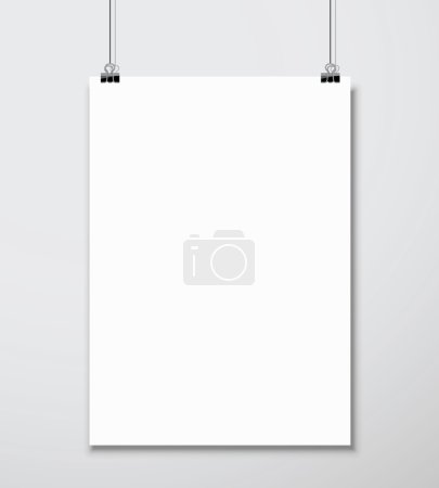 Illustration for Empty white A4 sized vector paper mockup hanging with paper clips. Show your flyers, brochures, headlines etc with this highly detailed realistic design template element. - Royalty Free Image