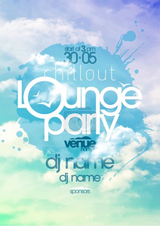 Illustration for Chillout lounge party poster with cloudy sky backdrop. - Royalty Free Image