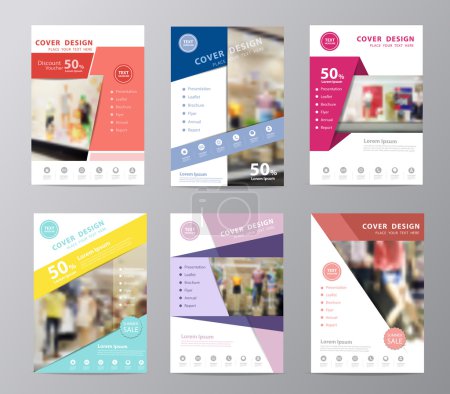 Illustration for Set of annual report brochure flyer design template vector, Leaflet cover presentation, Page layout in A4 size with blurred clothing store front entrance displaying woman and men fashion background - Royalty Free Image