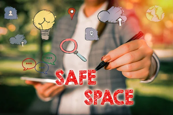 Word writing text Safe Space. Business concept for a place or room in which you are protected from harm or danger.