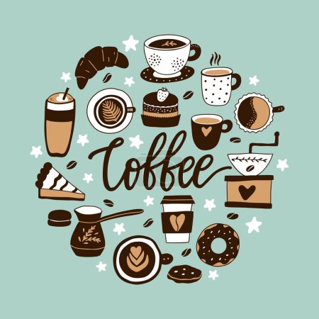 Illustration for Vector circular illustration with coffee and a cute cups, croissant and cake. - Royalty Free Image