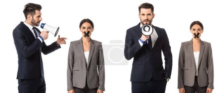 Foto de Collage de hombre de negocios barbudo en traje gritando en megáfono cerca de mujer de negocios con cinta adhesiva en la boca aislado en blanco - Imagen libre de derechos