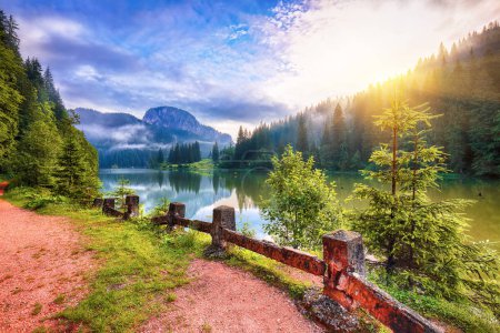 Foto de Majestuosa vista de verano del lago de montaña Lacul Rosu o Lago Rojo o Lago Asesino. Troncos de árbol podridos. Troncos saliendo del agua. Condado de Harghita, Cárpatos del Este, Rumania, Europa - Imagen libre de derechos