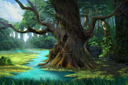 Foto de Ancient Tree in the Forest by the Riverside. Videojuegos Digital CG Carátula, Ilustración de concepto, fondo realista del estilo de la historieta - Imagen libre de derechos