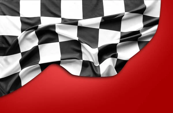 Checkered black and white flag on red background