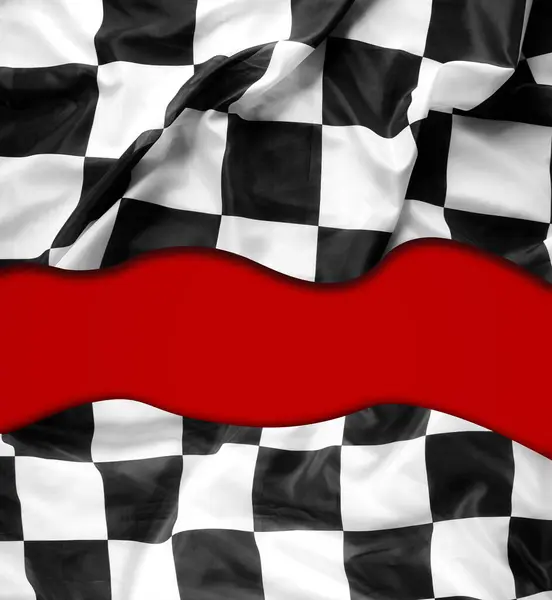 Checkered black and white flag on red background. Copy space