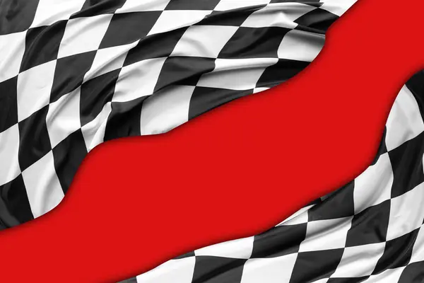 Checkered black and white flag on red background