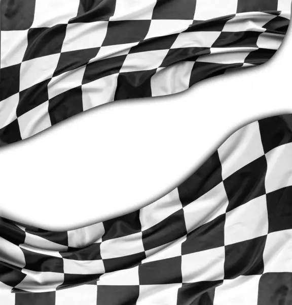 Checkered black and white racing flag on white. Copy space