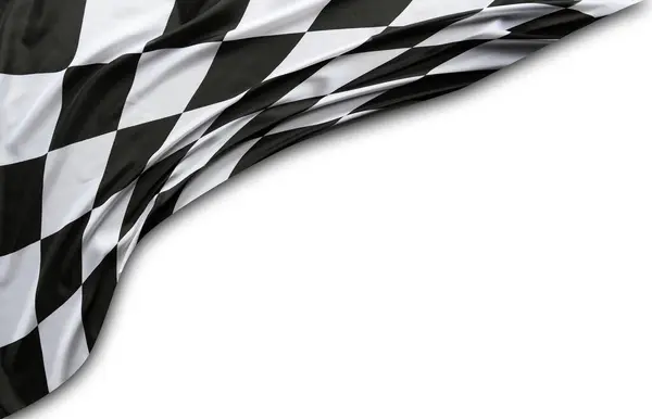 Checkered black and white racing flag on white. Copy space