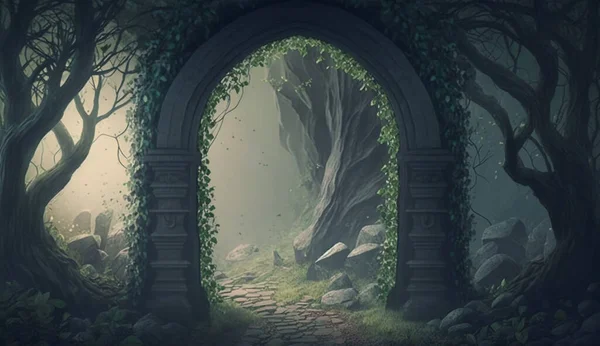 Archway in an enchanted fairy garden landscape, can be used as background