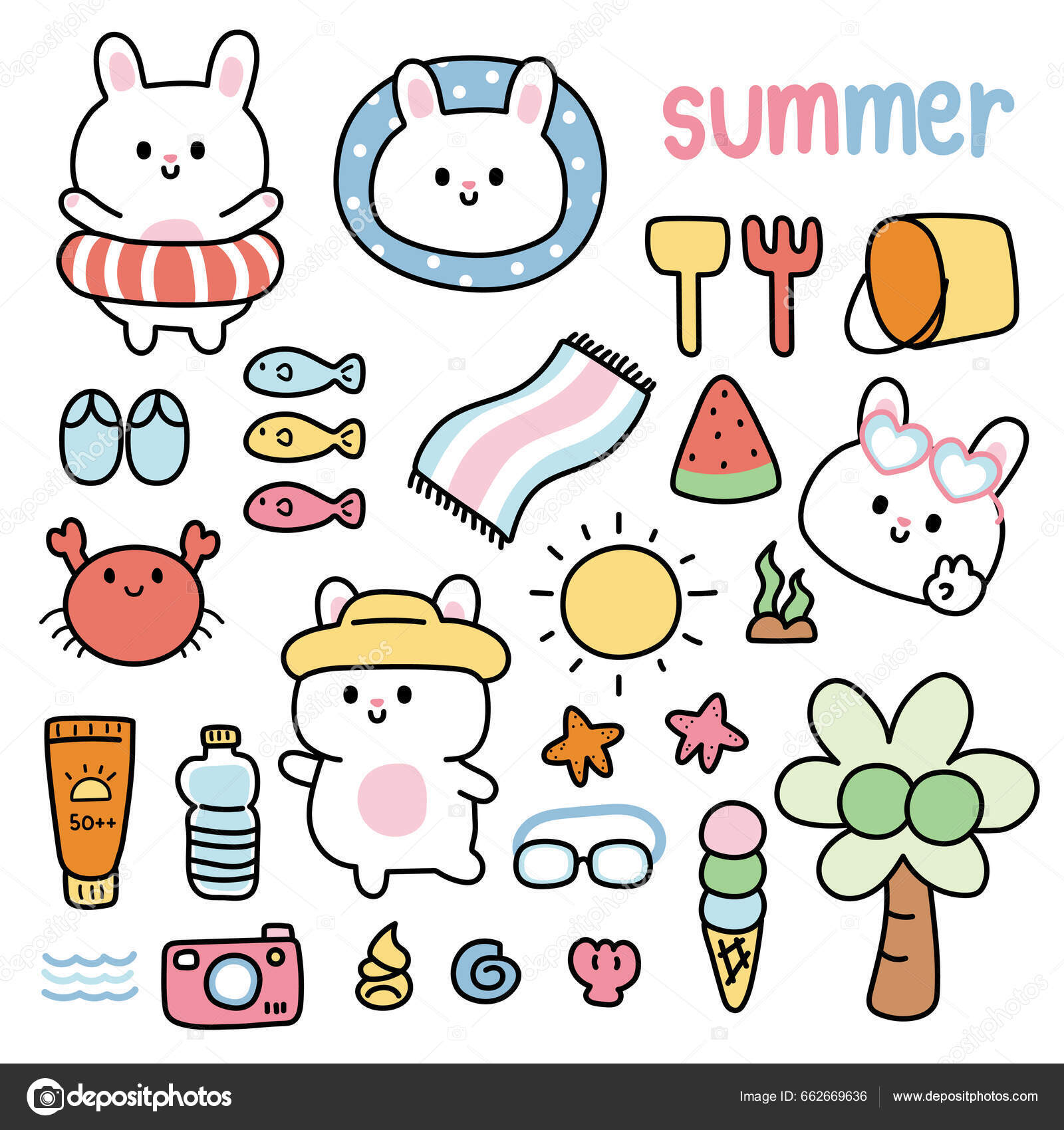 Set Cute Rabbit Summer Concept Sea Beach Tiny Icon Animal Stock Vector ...