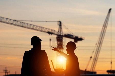 Foto de Silueta de Ingeniero y capataz trabajador comprobar el proyecto en el sitio de construcción, obra borrosa puesta de sol en el fondo de tiempo de la noche - Imagen libre de derechos