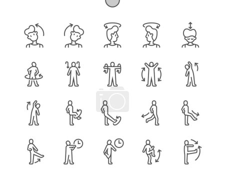 Illustration for Warmup and stretching exercise. Torso rotations. Leg stretch. High knees. Jumping jacks. Pixel Perfect Vector Thin Line Icons. Simple Minimal Pictogram - Royalty Free Image