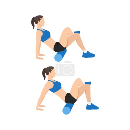 Illustration for Woman doing Foam roller gluten. butt stretch exercise. Flat vector illustration isolated on white background - Royalty Free Image