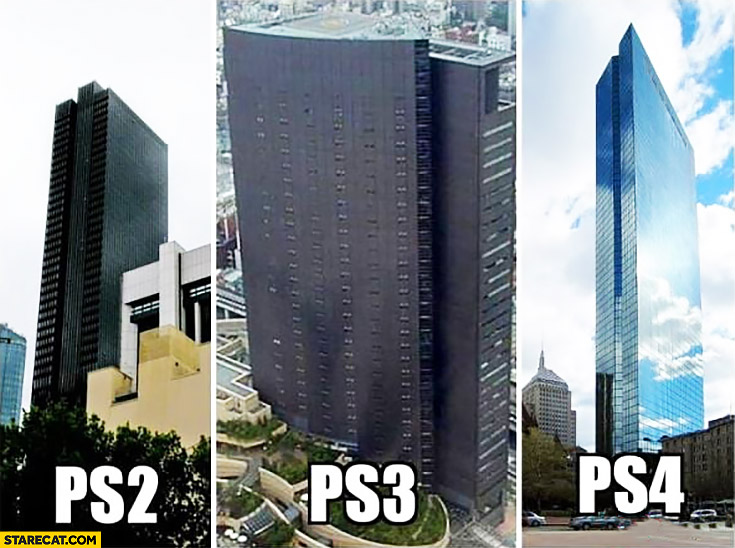 Building looking like PS Playstation consoles generations PS2 PS3 PS4