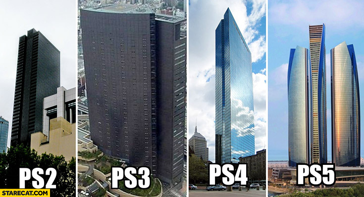 Playstation consoles compared to buildings PS2 PS3 PS4 PS5