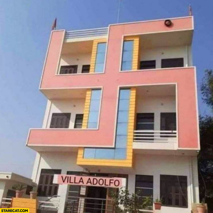 Villa Adolfo building with pink Swastika on it