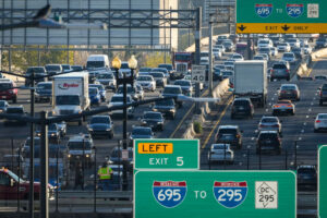 Heavy traffic along an interstate.