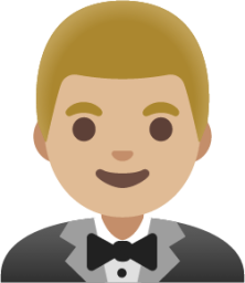 man in tuxedo: medium-light skin tone emoji