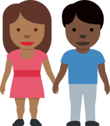 woman and man holding hands: medium-dark skin tone, dark skin tone emoji