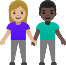 woman and man holding hands: medium-light skin tone, dark skin tone emoji