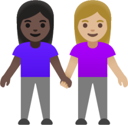 women holding hands: dark skin tone, medium-light skin tone emoji