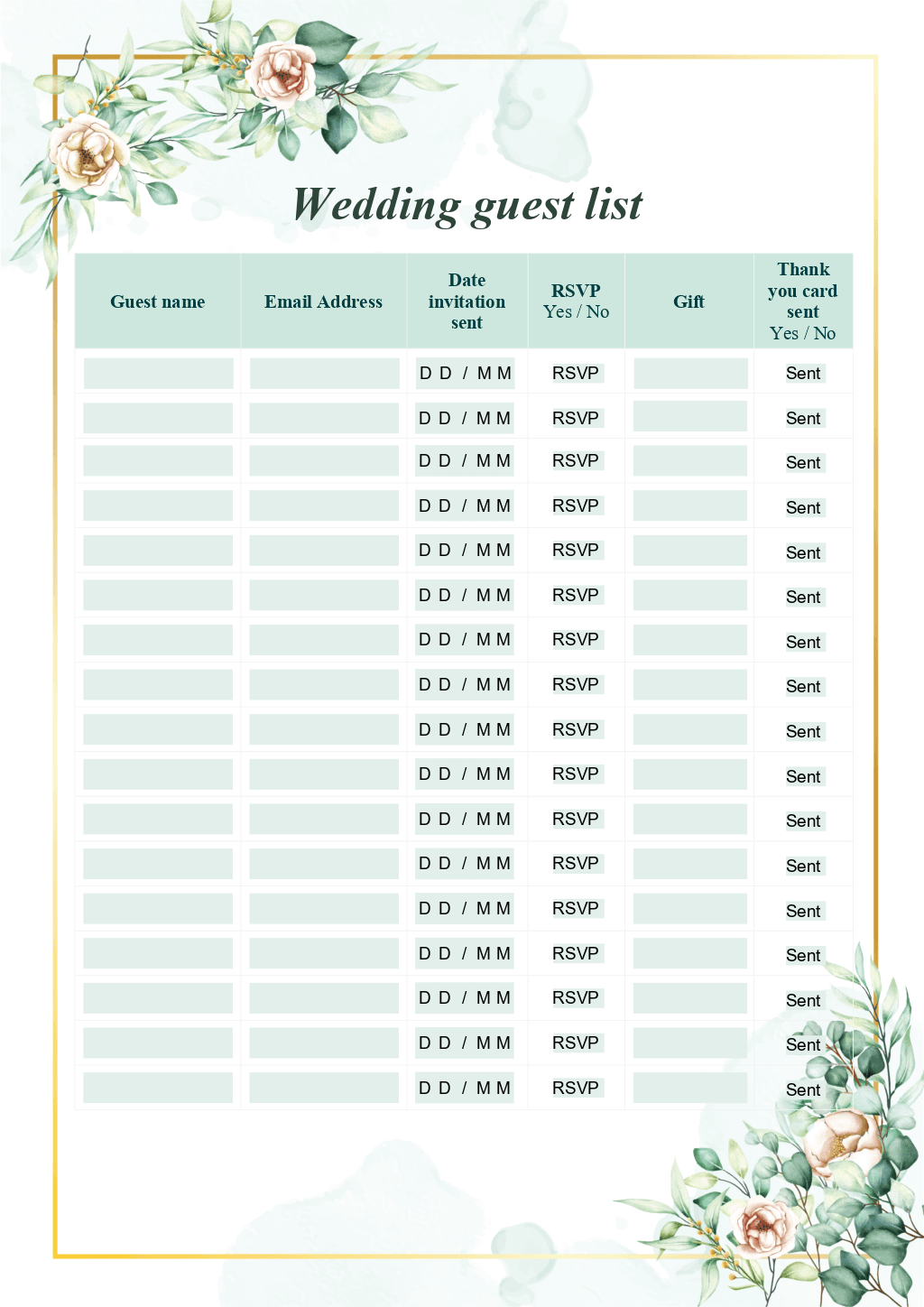 Wedding guest list form