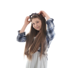 Photo of Attractive teenage girl on white background