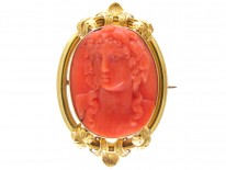 Carved Coral Late Georgian Cameo Brooch of Classical Lady's Head