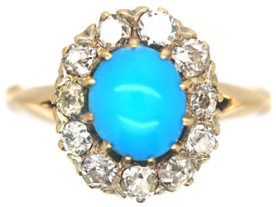 Edwardian 18ct Gold Turquoise & Diamond Cluster Ring