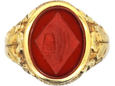 Victorian 18ct Gold Signet Ring with Carnelian Intaglio of a Beehive & Feather