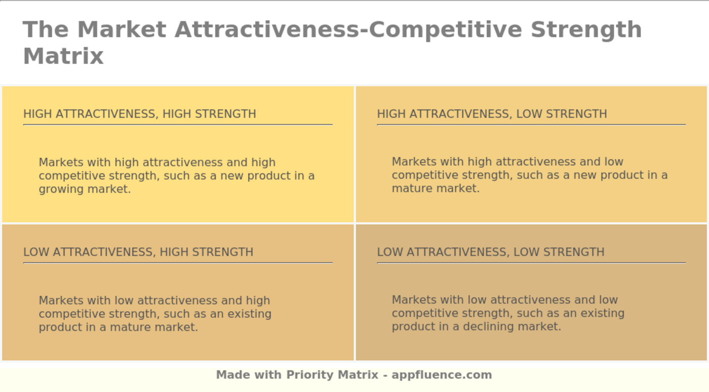 Market Attractiveness-Competitive Strength Matrix quadrant descriptions, including examples