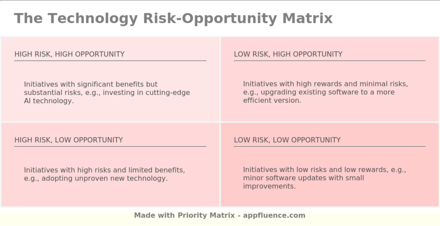 Technology Risk-Opportunity Matrix quadrant descriptions, including examples