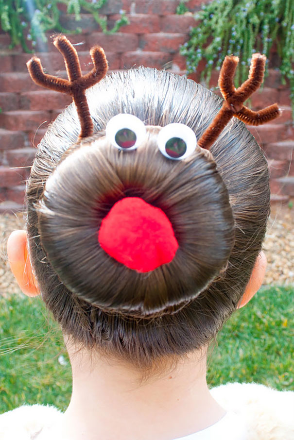 Reindeer-inspired crazy hair with googly eyes, pipe cleaner antlers, and a red pom-pom nose.