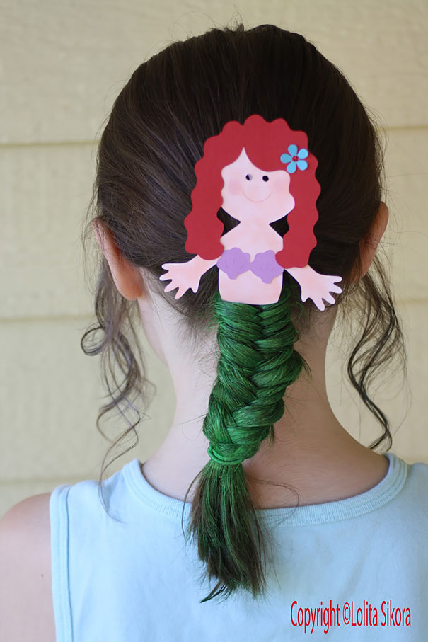 Crazy hair day style featuring a mermaid with green braided tail, perfect for a fun, whimsical look.