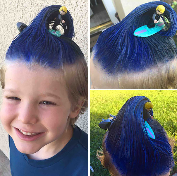 Child with crazy hair day style featuring blue hair wave and a surfer toy on top.