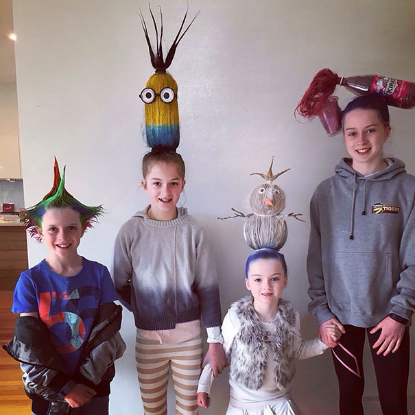 Children displaying creative hairstyles for Crazy Hair Day.