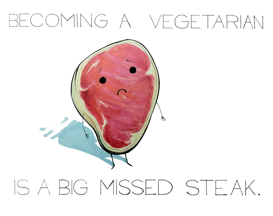 Cute and funny steak pun illustration by Arseniic with a sad face steak character and text about vegetarianism being a missed steak.