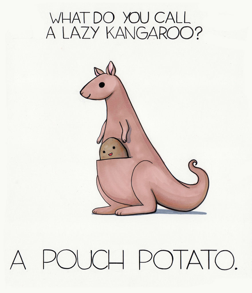 Illustration of a kangaroo with a potato in its pouch, captioned with a pun.