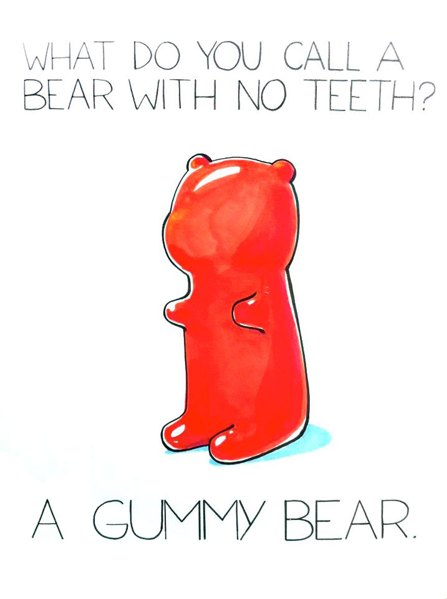 Cute bear pun illustration featuring a red gummy bear.