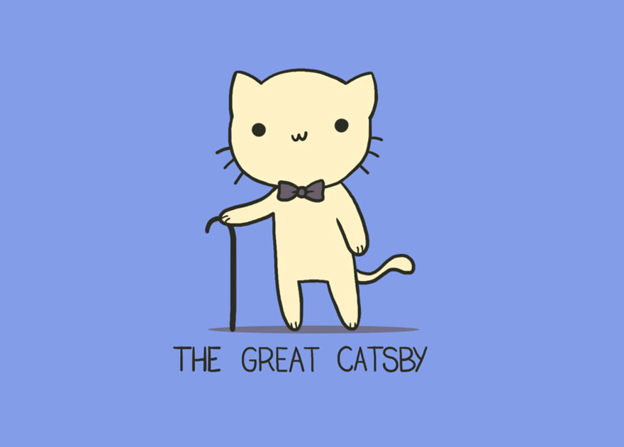 Cartoon cat with a bow tie and cane, captioned "The Great Catsby," representing a cute and funny pun by Arseniic.